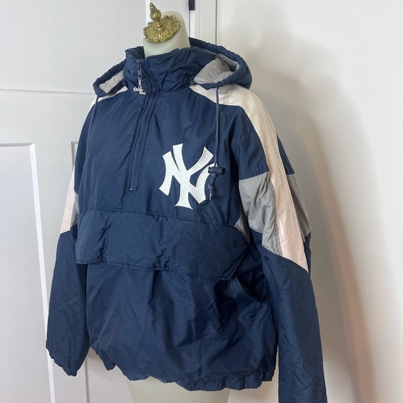 NY Yankees Pullover Jacket – Size L | Navy Blue Colorblock Hooded Windbreaker - Picture 5 of 9